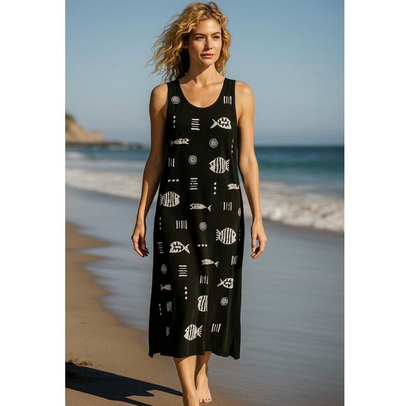 M MAC Vintage Art Animal Fish Maxi Dress Medium Vermont Coastal Nautical Cotton - Picture 5 of 9